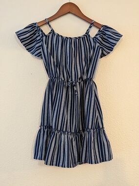 Girls Navy Stripe Cold-Shoulder Tie-Waist Dress